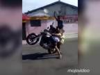 Štyria motorkári robia wheelie na jednej motorke (Brazília)