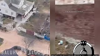 Ruský vojak ukazuje následky útoku ukrajinského dronu