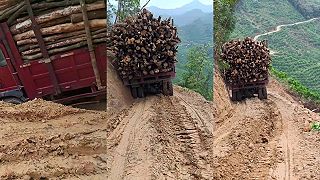 Čínsky šofér plne naloženého nákladného auta drevom má nervy zo železa