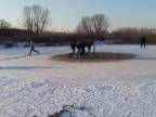 Poliaci sa sánkujú na zamrznutom rybníku