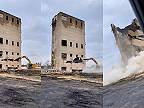 Búranie budovy pomocou bagra s hydraulickým búracím kladivom