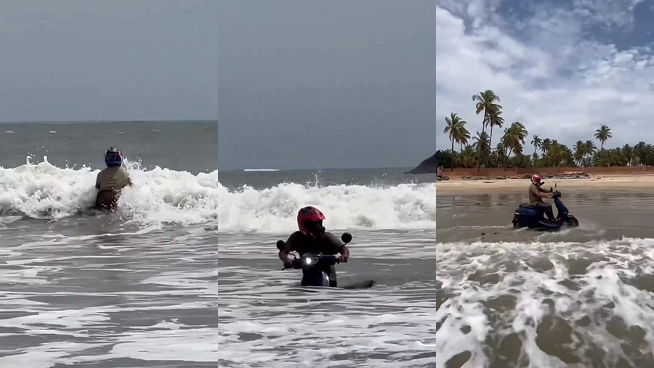 Mozgový atlét umýva elektrický skúter v oceáne - Mojevideo