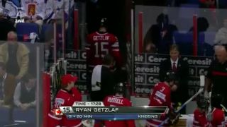 Ryan Getzlaf knee - on - knee hit on Juraj Mikus & Michal Handzu
