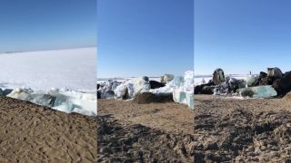 Ľadová tsunami na brehoch rieky Jenisej (Rusko)