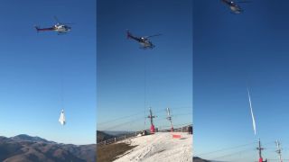 Zasnežovanie svahu pomocou helikoptéry (Pyreneje)
