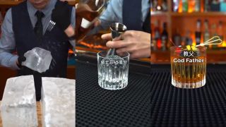 Japonský barman pripravuje drink Godfather