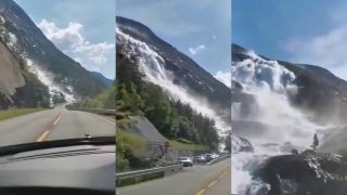 Langfoss - obrovský vodopád hneď vedľa cesty (Nórsko)