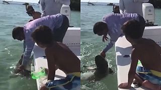 Premotivovaný idiot chcel na palubu vytiahnuť malého žraloka (drsné zábery)
