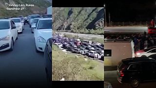 Kolóny Rusov utekajúcimi pred povolaním do vojenskej služby (Gruzinska hranica)