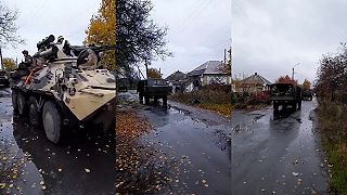 Zábery BTR-3 presúvajúcich sa na novú pozíciu