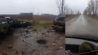 Kolona zničené ruské techniky na cestě z Kupjansku do Svatove