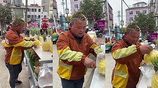 Čínsky predavač ananásov telom, aj dušou!