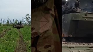 Zničený ukrajinský tank T-72M1 aj s uhoreným vojakom (DRSNÉ ZÁBERY)