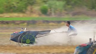 Preteky thajských roľníkov, ktorý jazdia na turbo traktoroch po ryžových poliach
