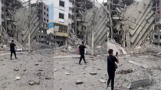 Následky útoku izraelského letectva na budovu Islamskej národnej banky v Gaze.
