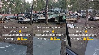 Veľká skládka zničených amerických bojových vozidiel M2A2 Bradley ODS-SA