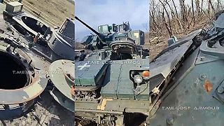 Vyradený tank Leopard 2A6 a bojové vozidlo Bradley pri Avdijivke