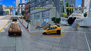 20-tonová oceľová cievka vs. vozidlá (BeamNG.drive fyzika)