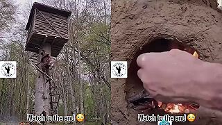 Chlapík si na strome postavil chatrč