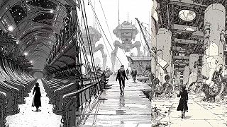 video Čiernobiele rertrofuturistické svety generované AI