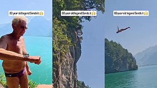 video 80-ročný Švajčiar Peter Rüedi skáče do jazera z dychberúcej výšky