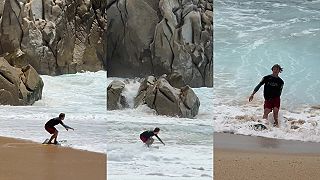 video 5-násobný majster sveta v skimboardingu Lucas Fink sa predvádzal na pláži v Braz