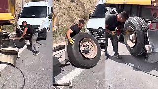 video Výmena roztrhanej pneumatiky nákladného vozidla priamo na mieste